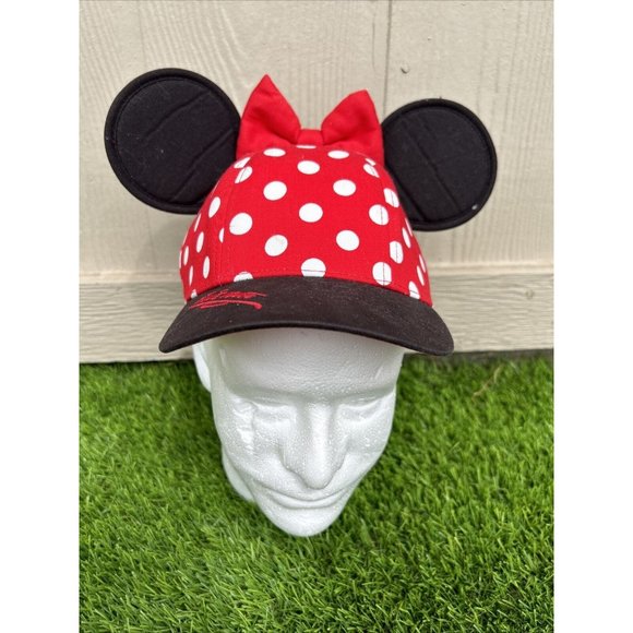 Disney Parks Minnie Mouse Ears Red White Polka Dot Adjustable Youth Hat Cap Bow - Picture 2 of 10